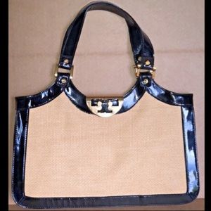 Straw and Patent Satchel Black Gold and Natural
